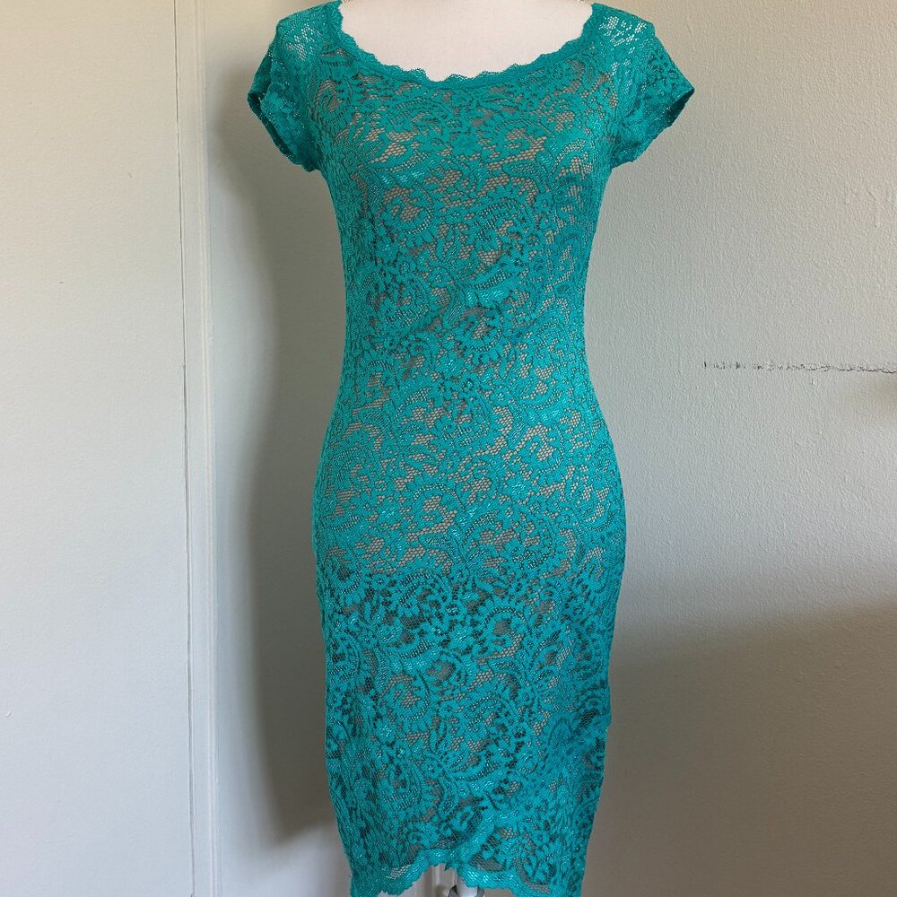 Aqua Lace Cocktail Dress Short Sleeves